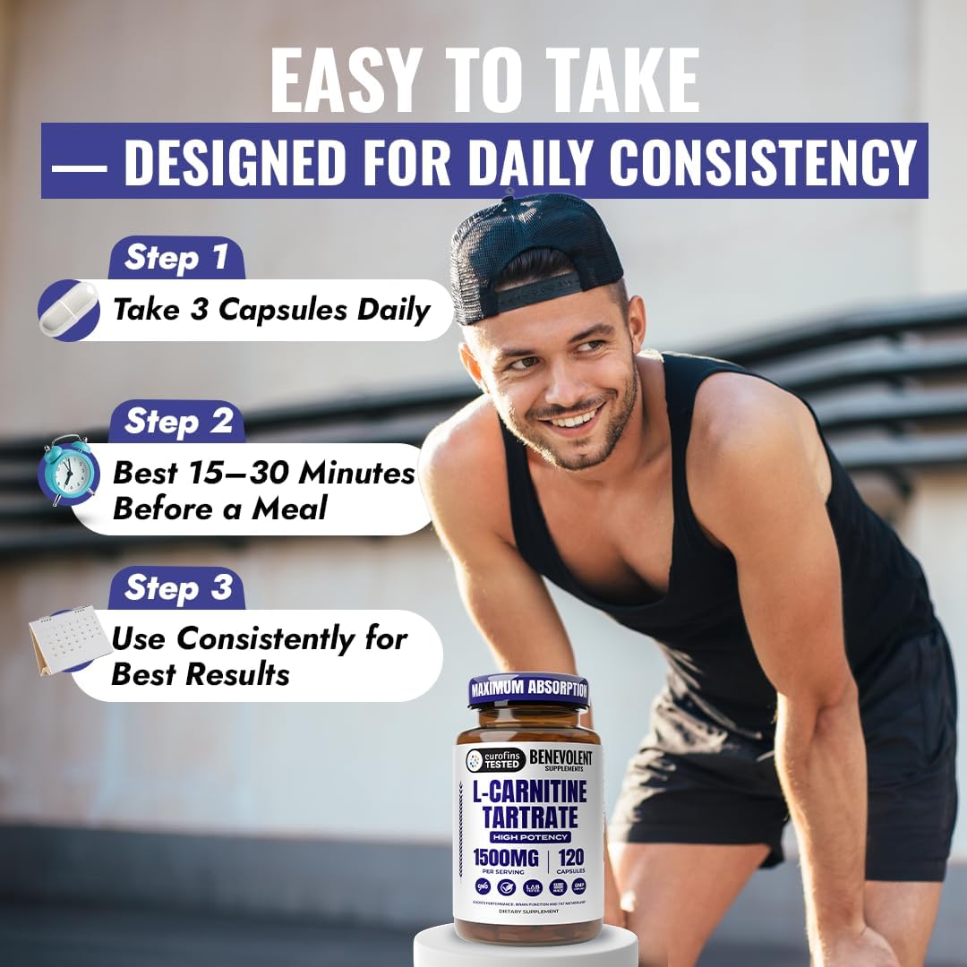 Benevolent L Carnitine Supplement - High Potency 1500mg L-Carnitine Tartrate - Fast Absorbing, Convert Fat to Energy, Support Lean Muscle, Boost Workout Performance & Metabolism – 120 Vegan Capsules