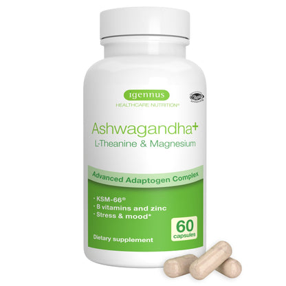 Igennus High Strength Ashwagandha KSM 66, Magnesium, & L-Theanine 3 in 1 Stress, Calm and Replenishment Complex, Clean Label, 60 Fast Acting Capsules | 3 in 1 Stress, Calm and Replenishment Complex, Clean Label, Fast Acting, 60 Capsules