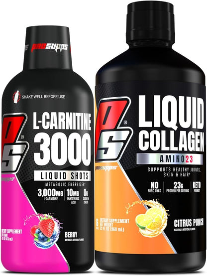 PROSUPPS L-Carnitine 3000 Stimulant Free Liquid Shots (Berry) Amino23 Liquid Collagen Shots (Citrus Punch) Bundle
