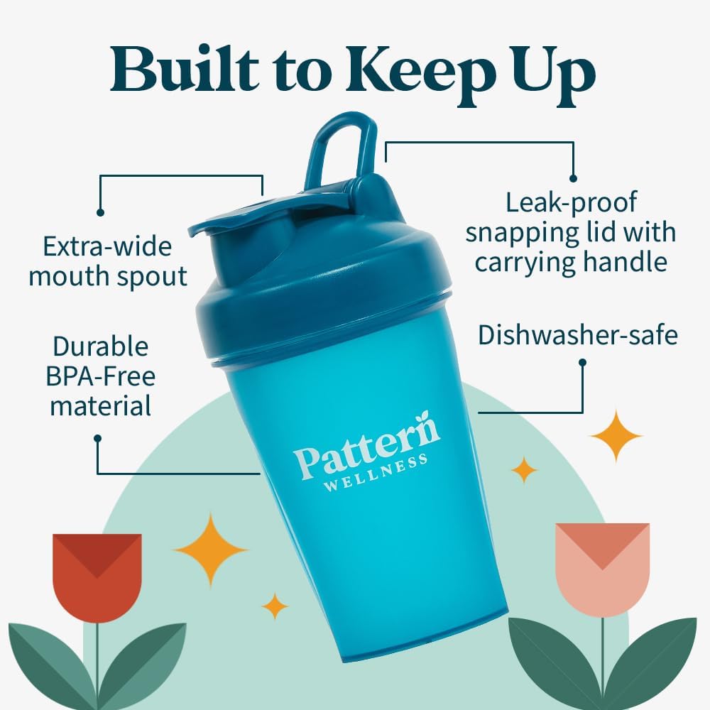 Pattern Wellness Shaker Bottle BPA-Free Plastic Bottle & Lid – 12oz, Food-Grade Steel Shaker Ball For Smooth Mixing Protein Shakes & More, Leak-Proof Seal, Durable, & Dishwasher Safe, Extra-Wide Spout