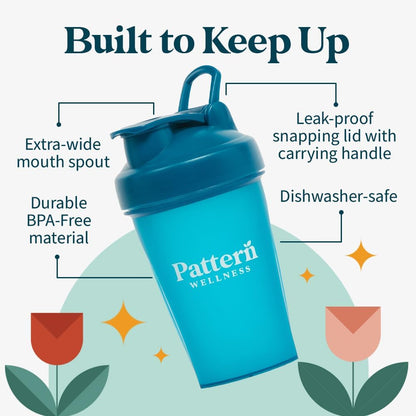 Pattern Wellness Shaker Bottle BPA-Free Plastic Bottle & Lid – 12oz, Food-Grade Steel Shaker Ball For Smooth Mixing Protein Shakes & More, Leak-Proof Seal, Durable, & Dishwasher Safe, Extra-Wide Spout