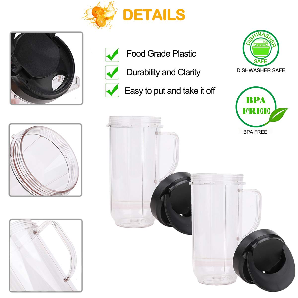2 Pack Magic Bullet Blender Cups Tall 22oz Cup with Flip Top To-Go Lid Replacement Part