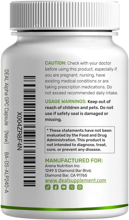 DEAL SUPPLEMENT Alpha GPC 600 mg Per Serving, 240 Capsules – Alpha GPC Choline Supplement – 120 Servings – Non-GMO, Gluten Free