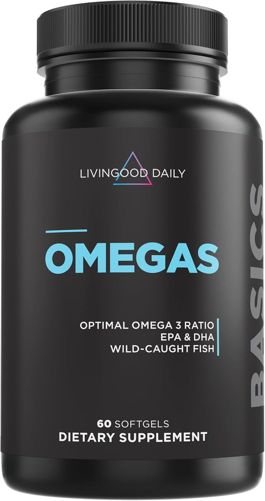 Livingood Daily Fish Oil Omega 3 Supplement, EPA and Dha from Wild Caught Fish, Omega 3 Fatty Acids for Heart, Brain, and Joint Health for Men and Women, Gluten Free, 30 Day Supply, 60 Softgels