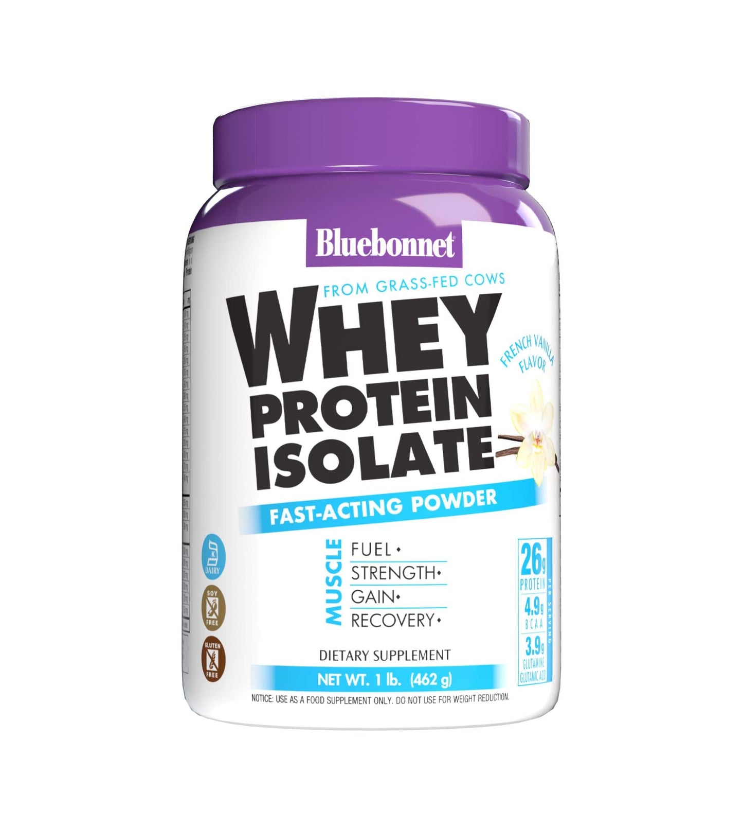 BlueBonnet Nutrition Whey Protein Isolate Powder From Grass Fed Cows, 26g of Protein, No Sugar Added, Gluten & Soy free, kosher Dairy, 2 Lbs, 28 Servings, French Vanilla Flavor