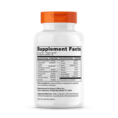 Doctor's Best Digestive Enzymes Supplement for Women & Men - Supports Gut Health, Digestion, & Overall Wellness, Formulated with Amylase, Super Enzyme Blend for Food Break Down, Non GMO - 90 Veg Caps
