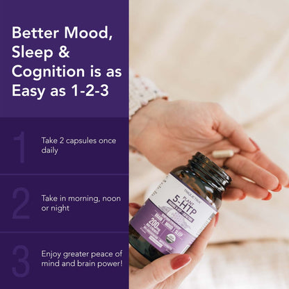 Organic 5-HTP - 200 mg | 99% 5HTP Concentration, Plus Cofactor Vitamin B6 & Lion’s Mane | Water Extracted from Organic Griffonia Seeds | Supports Mood, Cognition & Sleep (60 Capsules | 30 Servings)