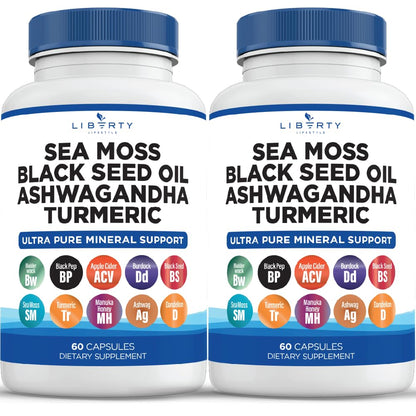 Liberty Lifestyle Sea Moss Black Seed Oil Ashwagandha Turmeric Bladderwrack Burdock - with Manuka, Honey Dandelion, ACV Black Pepper Gluten Free - 2-Pack