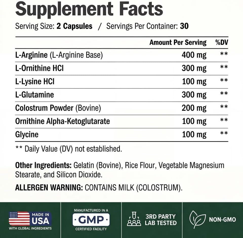 Vimerson Health L-Arginine L-Ornithine L-Glutamine with Colostrum – HGH Supplements for Men & Women – Muscle Growth & Recovery Support – 60 Capsules 30-Day Supply