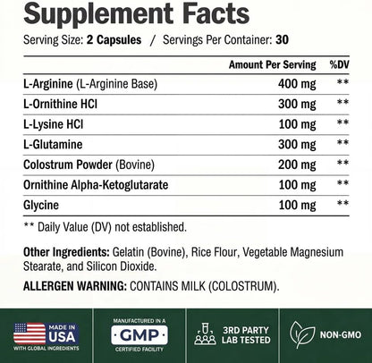 Vimerson Health L-Arginine L-Ornithine L-Glutamine with Colostrum – HGH Supplements for Men & Women – Muscle Growth & Recovery Support – 60 Capsules 30-Day Supply