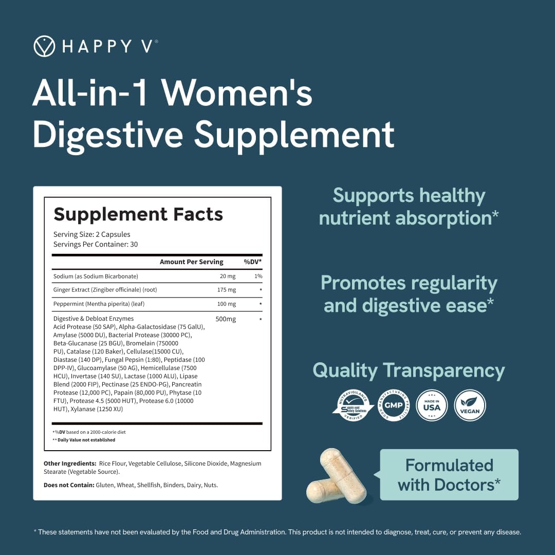 Happy v Debloat + Digest – Digestive Enzymes for Women to Support Bloating, Gas, Constipation, Gut Health, and Nutrient Absorption – Stomach Comfort & Digestion Support Supplement – 60 Vegan Capsules