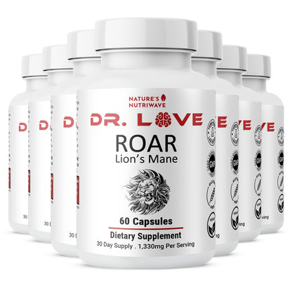 Dr. Love ROAR Lion's Mane – Cordyceps & Reishi – 60 Ct, 1 Month Supply | Also includes Lion's Mane with Cordyceps, Reishi & Shiitake | Vegan, Gluten-Free, GMP Certified, Made in USA