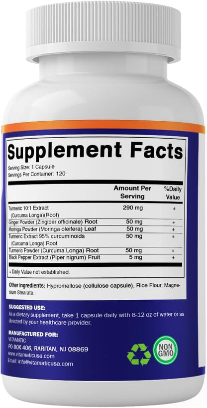 Vitamatic Turmeric Curcumin with Black Pepper, Ginger & Moringa – 120 Vegetarian Capsules
