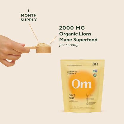 Om Lion’s Mane Mushroom Powder - Organic Mushroom Supplement and Nootropic - Support Memory, Focus and Nerve Health, 7.05 oz (100 Servings)