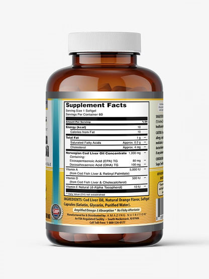 Amazing Omega Norwegian Cod Liver Oil 1000 Mg 250 Softgels | Lemon Flavor