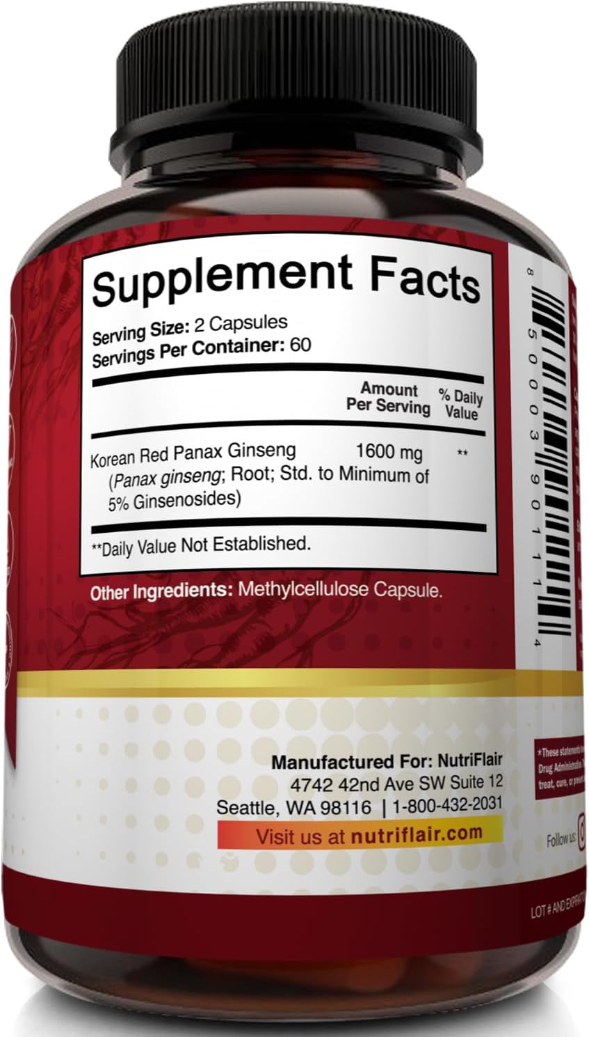 NutriFlair Korean Red Panax Ginseng 1600mg – 120 Vegan Capsules | 5% Ginsenosides | Non-GMO, Gluten-Free | Natural Energy & Focus Support | Made in USA
