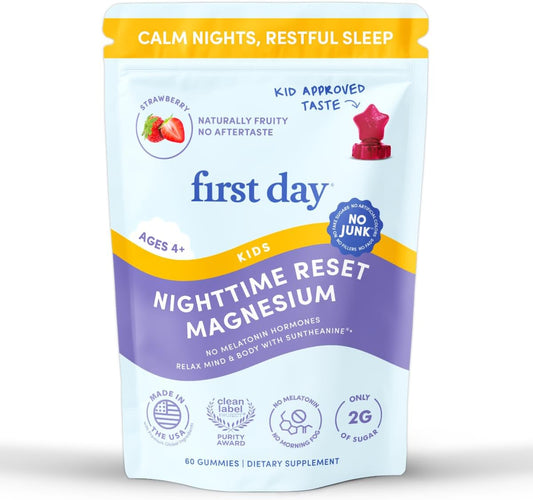 FIRST DAY Kids Magnesium Gummies, Citrate + L-Theanine, No Melatonin, 60 Ct | Strawberry citrate magnesium gummies for kids with Suntheanine® L-theanine; melatonin-free calm and bedtime support for kids