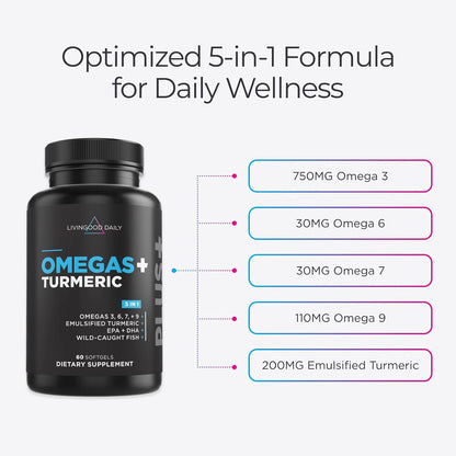 Livingood Daily Omega 3 6 9 Plus Turmeric Curcumin Supplement, 60 Softgels - Fish Oil Omega 3 Supplements (EPA & DHA) for Men and Women - Brain, Joint, and Metabolism - Made in USA