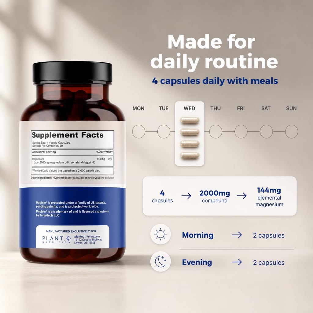 Magnesium L-Threonate Capsules – Brain & Sleep Support – 144mg Elemental Magnesium per Serving – High Absorption Cognitive & Memory Support – 120 Capsules