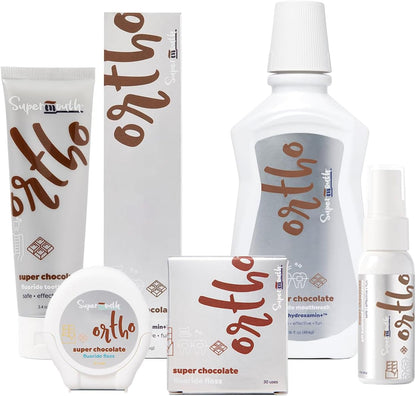 SuperMouth® Ortho Oral Care Kit – Fluoride + Nano Hydroxyapatite Toothpaste, Mouthwash, Floss & Mouth Spray – Orthodontist-Developed for Braces, Aligners, Bridges, Implants– Complete Set (Chocolate)