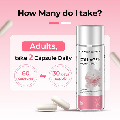 OxyEnergy Collagen Peptides Capsules for Women, Hydrolyzed Collagen Supplements with Elastin Peptides, 60 Collagen Pills to Promotes Hair, Nail, Skin, Capsulas