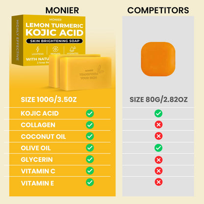 MONIER Brightening Lemon Turmeric Kojic Acid Soap Bars - with Collagen | with Collagen, Turmeric, Coconut Oil, Moisturizing & Nourishing, Original Japanese Complex (2 Soap Bars + Storage Net)