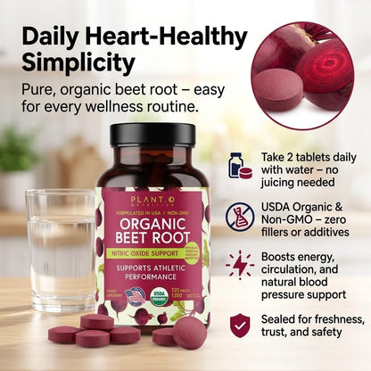 Organic Beet Root Capsules 1350mg – USDA Certified Beetroot Powder Supplement with Black Pepper | Nitric Oxide & Circulation Support | Vegan Non-GMO | 120 Tablets 2 Month Supply