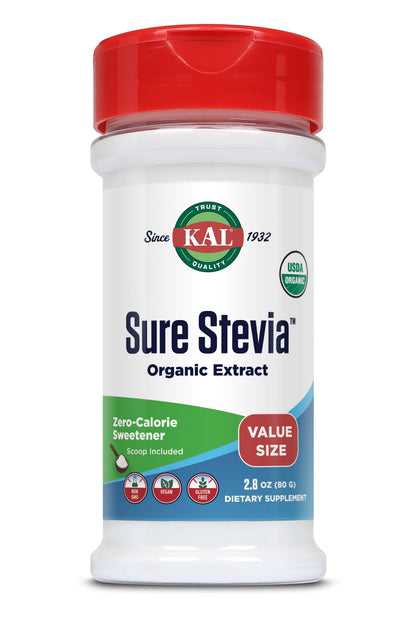KAL Sure Stevia Extract Powder, Low Carb, Plant Based Stevia Sweetener, Great Taste, Zero Calories, Zero Sugar, Low Glycemic & Perfect for a Keto Diet, 60-Day Guarantee, Approx. 1820 Servings, 3.5oz