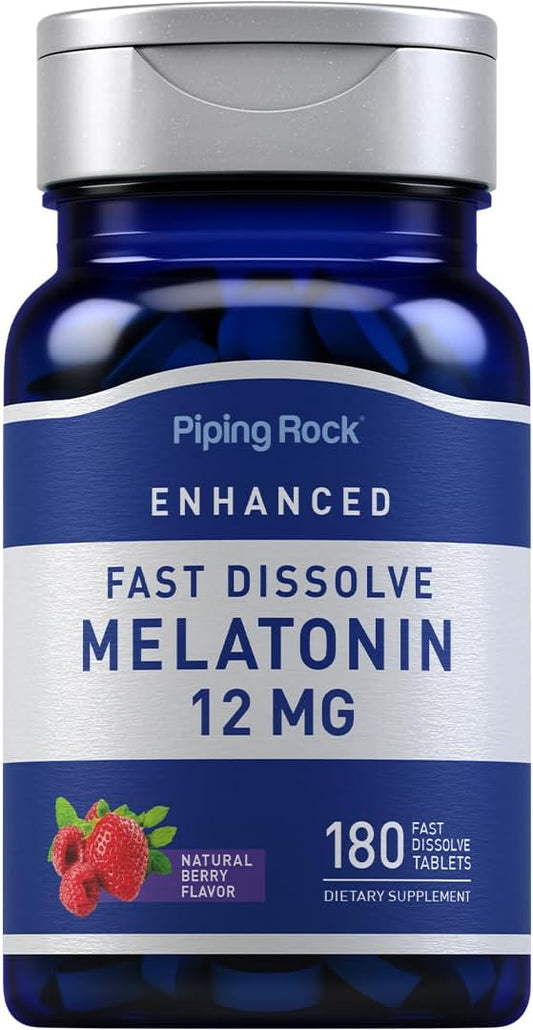Piping Rock Melatonin 12 mg | 180 Fast Dissolve Tablets | Berry Flavor | Non-GMO, Gluten Free Supplement
