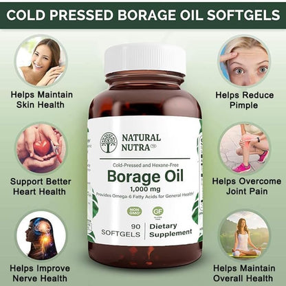 Natural Borage Oil Supplement, Omega-6 Fatty Acid, 90 Softgels | Rich in gamma-linolenic acid (GLA), Supporting Skin, Nerve, & Joint Health