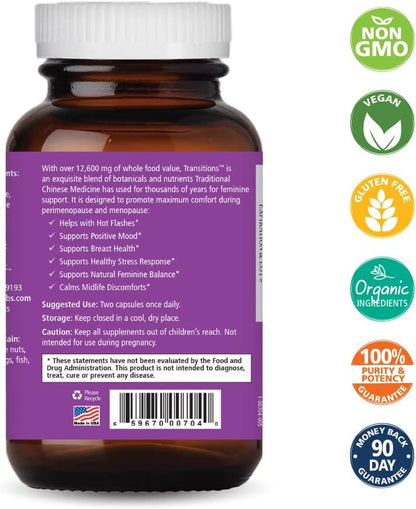 Pure Essence Labs Transitions Vitamins for Women, Natural Menopause Relief Supplement to Promote Hormone Balance, Reduce Hot Flashes, Mood Swings & Night Sweats, 120 Capsules