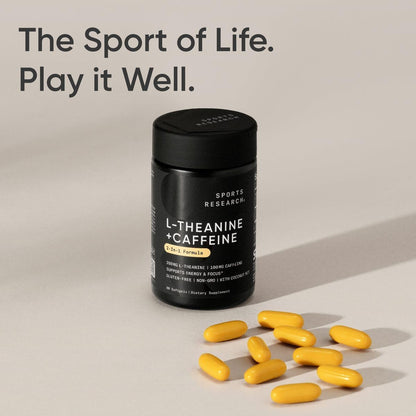 Sports Research L-Theanine Supplement with Caffeine & Coconut MCT Oil - Focused Energy, Alertness & Relaxation Without Drowsiness - 200mg L Theanine, 100mg Organic Caffeine - 60 Liquid Softgels