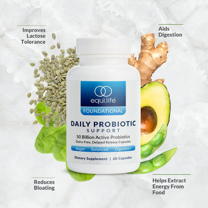 Equilife Daily Probiotic Support, 50 Billion CFU, Non GMO, 60 Capsules | 8 Probiotic Strains | Supports Digestive Health, Lactose Tolerance & Helps Reduce Bloating | Dairy, Soy & Gluten Free