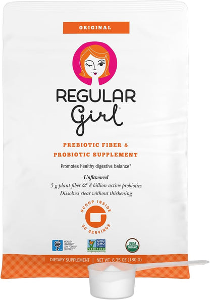 Regular Girl Organic Powder, Prebiotic Fiber Supplement and Probiotics for Women, Low FODMAP, 30 Servings, Unflavored
