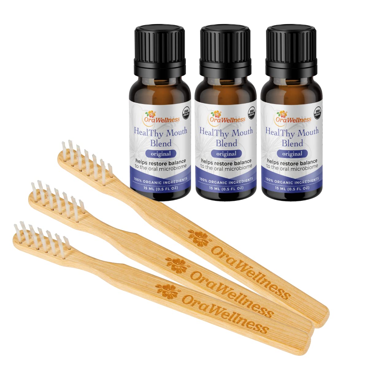 OraWellness Original Healthy Mouth Blend Organic Toothpaste & Mouthwash Alternative, 3 Pack + BrushEco Bamboo Toothbrush with Three Rows, 3 Pack, Reduce Gum Disease, Promote Healthy Teeth and Gums