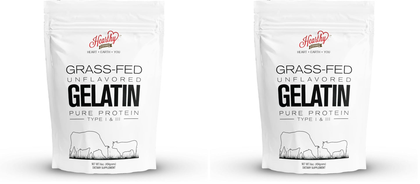 Hearthy Foods Beef Gelatin Powder Unflavored Gelatin Powder for Women and Men | Keto and Paleo Friendly Pure Protein Type 1 & 3, Grass-Fed Halal Certified, Non-GMO, Kosher Gelatin | 16 oz. 454g