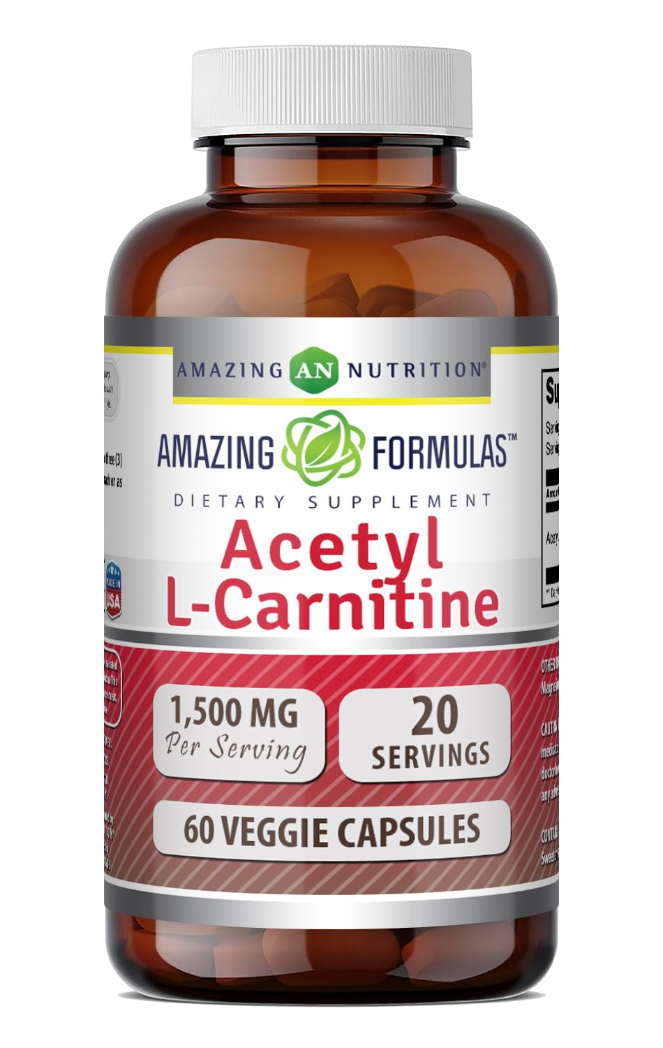 Amazing Formulas Acetyl L-Carnitine | 1500 per Serving Supplement | Vegetarian Capsules | Non-GMO | Gluten-Free | Made in USA (1 Pack | 120 Count)