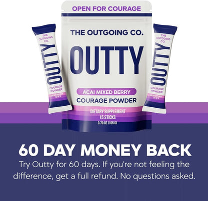 Outty Courage Powder Drink Mix, Acai Berry, 15 Pack | Taurine, L-Theanine, Mucuna Pruriens, GABA, Oroxylin A, zero sugar, caffeine-free, keto-friendly, and made in the USA.