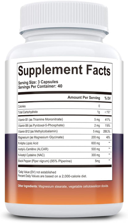 Migcopat R-Alpha Lipoic Acid 600mg, Neuropathy Supplements with ALCAR, NAC, Magnesium, Active B-Vitamins | Antioxidant for Energy & Nervous System Support, Non-GMO, Gluten Free, Vegan, 120 Capsules
