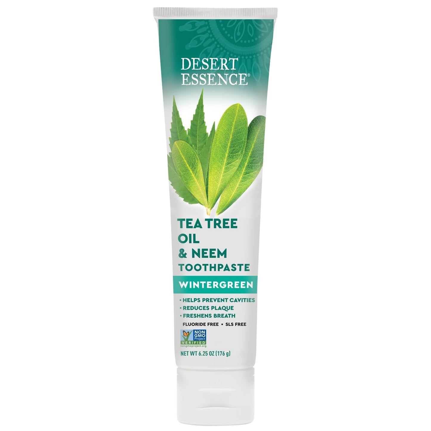 Desert Essence Tea Tree Oil & Neem Toothpaste - Fluoride-Free, Gluten-Free, SLS Free Formula - Vegan, Herbal Toothpaste for Plaque Reduction - Wintergreen Flavor, 6.25 oz