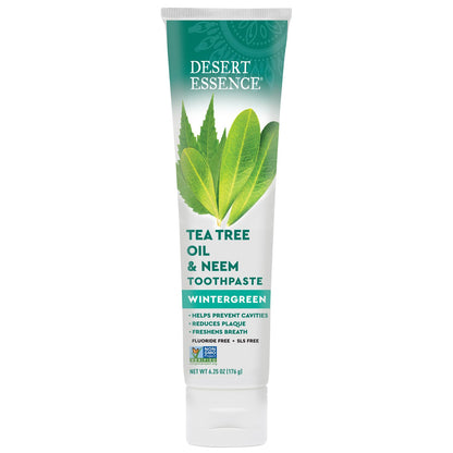 Desert Essence Tea Tree Oil & Neem Toothpaste - Fluoride-Free, Gluten-Free, SLS Free Formula - Vegan, Herbal Toothpaste for Plaque Reduction - Wintergreen Flavor, 6.25 oz