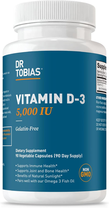 Dr. Tobias Vitamin D3 5000 IU 90 Capsules | Extra Strength Vitamin D | Bone, Teeth & Immune Support | 5,000 IU Vitamin D3 | Gelatin-Free & Non-GMO | 90 Servings