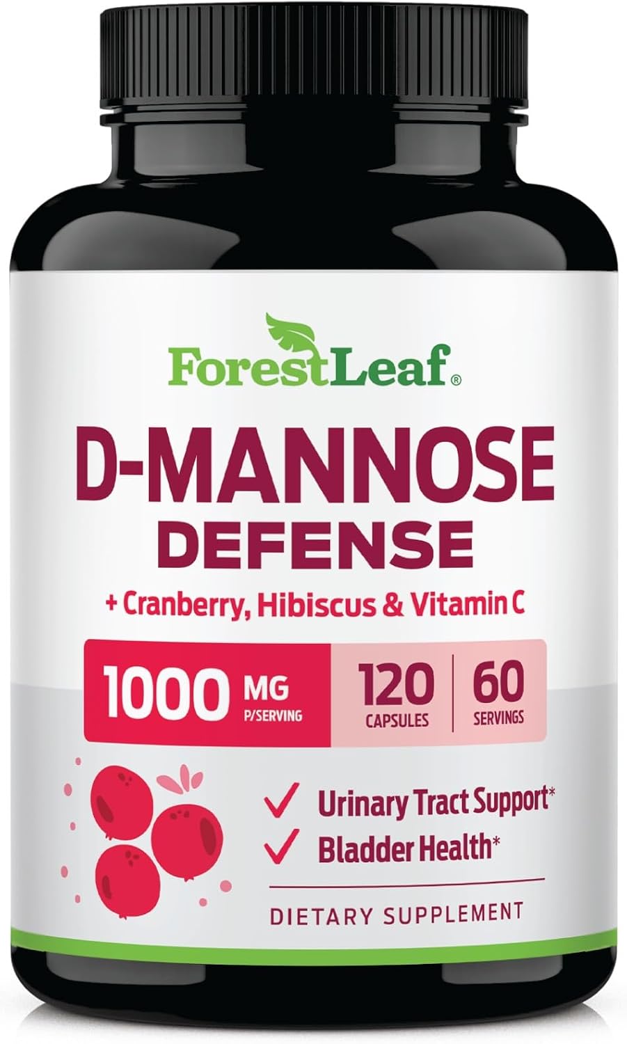 ForestLeaf D Mannose Supplements for Women & Men - D-Mannose 1000mg Capsules with Cranberry, Hibiscus & VIT C - DMannose Pills for UTI, Urinary Tract & Bladder Support - 120 Caps