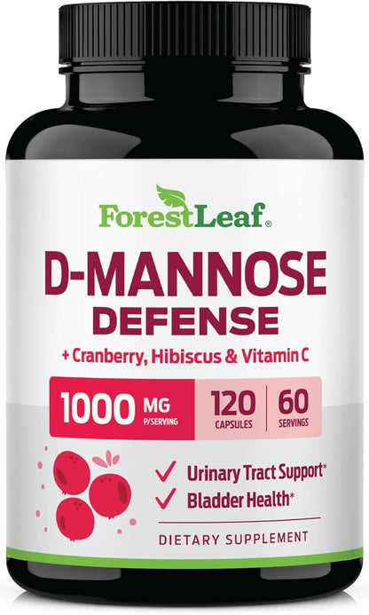 ForestLeaf D Mannose Supplements for Women & Men - D-Mannose 1000mg Capsules with Cranberry, Hibiscus & VIT C - DMannose Pills for UTI, Urinary Tract & Bladder Support - 120 Caps