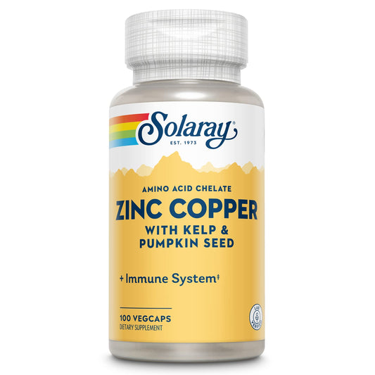 SOLARAY Zinc Copper Amino Acid Chelate - Immune Support Supplement w/Chelated Zinc 50mg - Bone, Skin, Heart Health and Thyroid Support - with Iodine from Kelp, 60-Day Guarantee, 100 Serv, 100 VegCaps