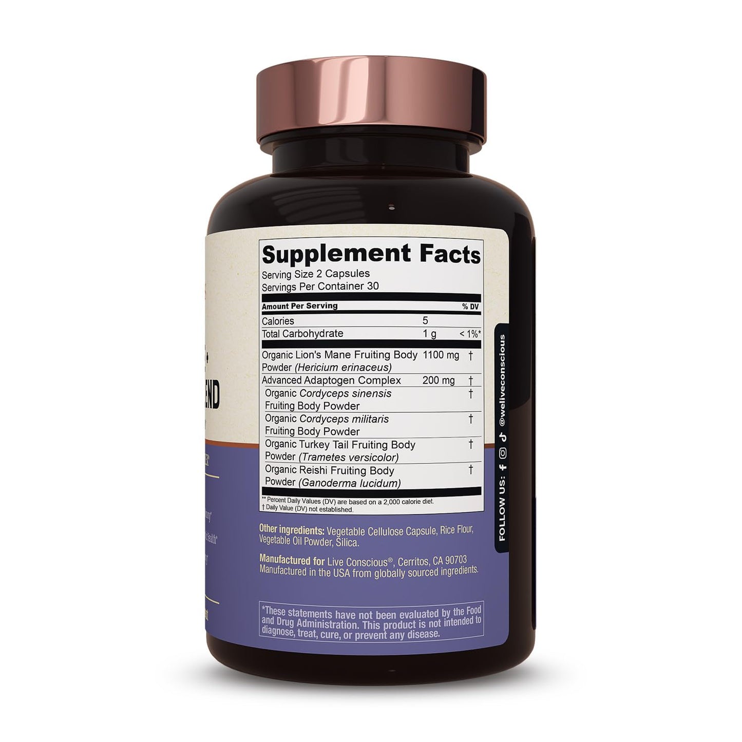 Live Conscious Lions Mane Mushroom Supplement Capsules for Brain Support w/Lion's Mane, Cordyceps, Reishi, and Turkey Tail Mushrooms - Cognitive Memory Supplement for Brain