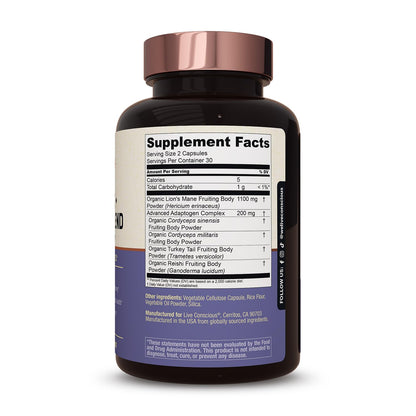 Live Conscious Lions Mane Mushroom Supplement Capsules for Brain Support w/Lion's Mane, Cordyceps, Reishi, and Turkey Tail Mushrooms - Cognitive Memory Supplement for Brain