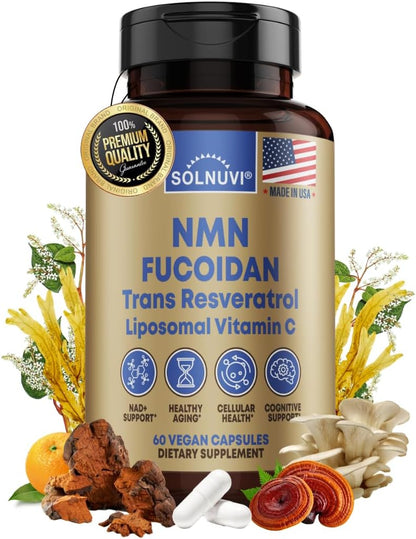 NMN 500mg & Fucoidan with Trans Resveratrol, Liposomal Vitamin C, Chaga, Reishi, Maitake Mushroom Extract - NAD+, Mitochondrial, Healthy Aging Support - 60 Capsules, Non GMO, Gluten Free Supplement