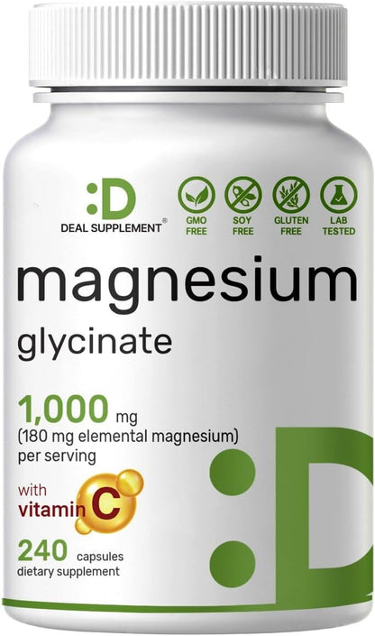 Magnesium Glycinate 500mg Per Capsule (1000mg Per Serving) Plus Vitamin C, 240 Capsules – 100% Chelated for Easy Absorption – Essential Mineral Supplement