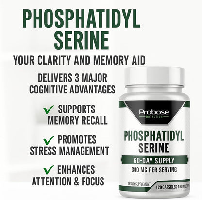 Probase Nutrition Phosphatidylserine 300mg Supplement Brain Health and Memory Support Non-GMO Gluten Free 120 Capsules Phosphatidyl Serine Complex